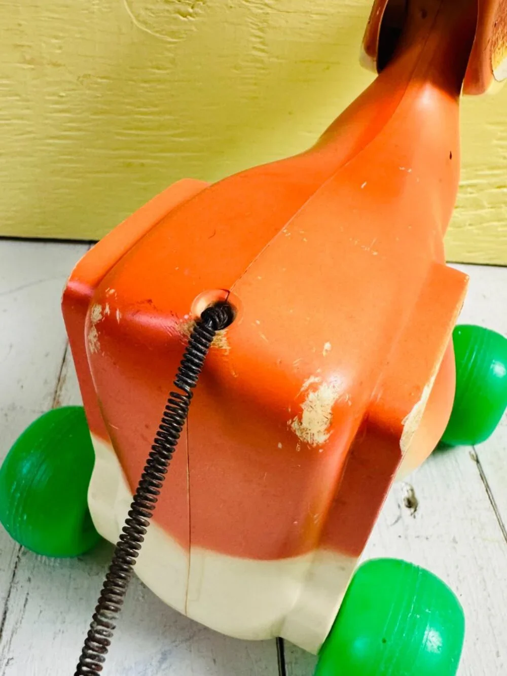 Vintage 1972 Fisher-Price Molly Moo Cow #132 Pull Toy Green Wheels USA